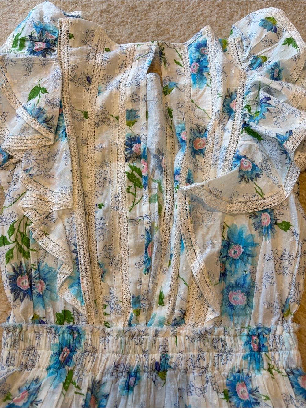 LoveShackFancy White Mini Dress with Blue Floral Print and Green Leaf Accents - Picture 8 of 8
